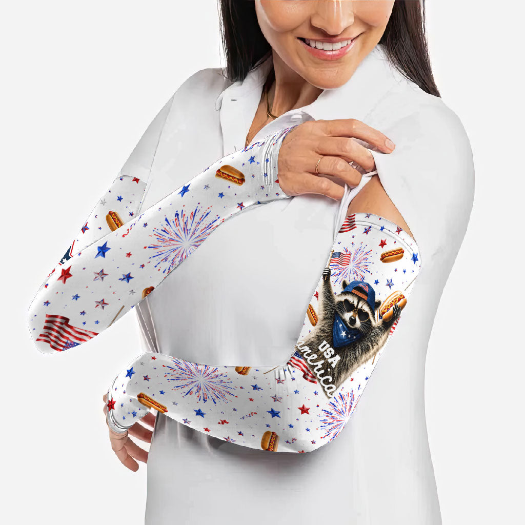 USA America Raccoon Hot Dog 250 Years Arm Sleeves 4th of July 1776-2026 Patriotic Fireworks