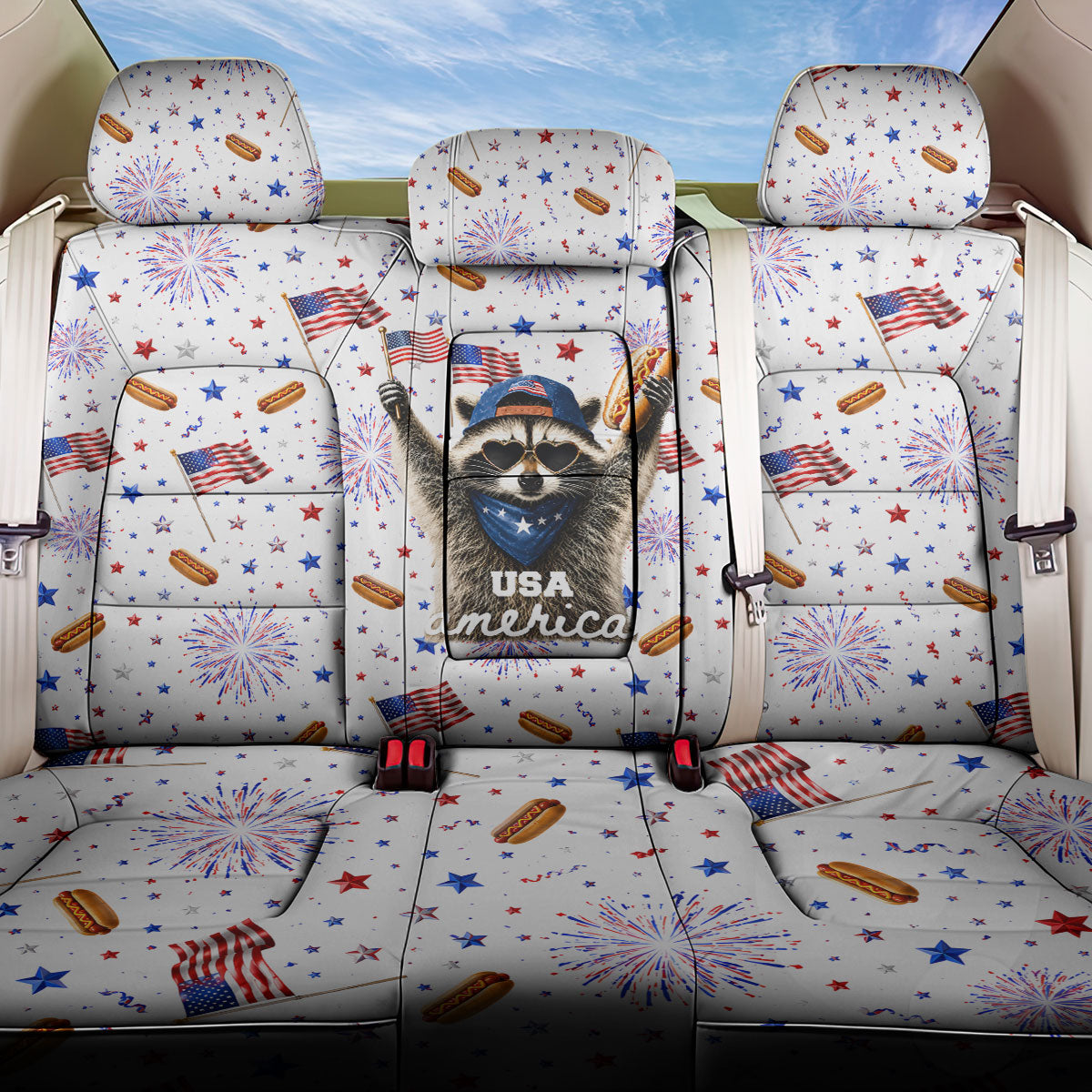USA America Raccoon Hot Dog 250 Years Back Car Seat Cover 4th of July 1776-2026 Patriotic Fireworks