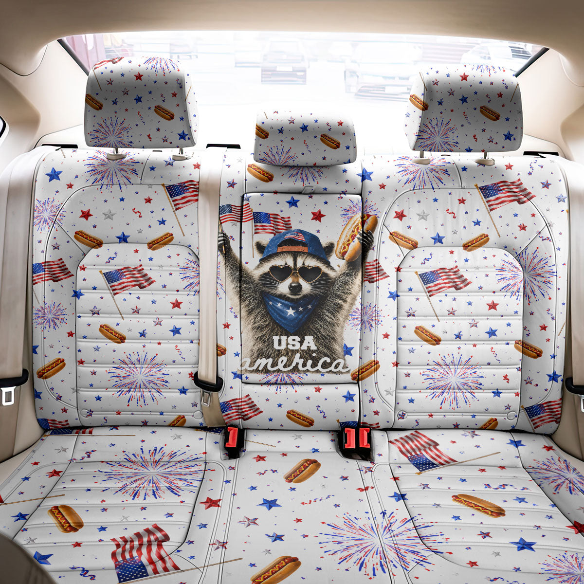 USA America Raccoon Hot Dog 250 Years Back Car Seat Cover 4th of July 1776-2026 Patriotic Fireworks
