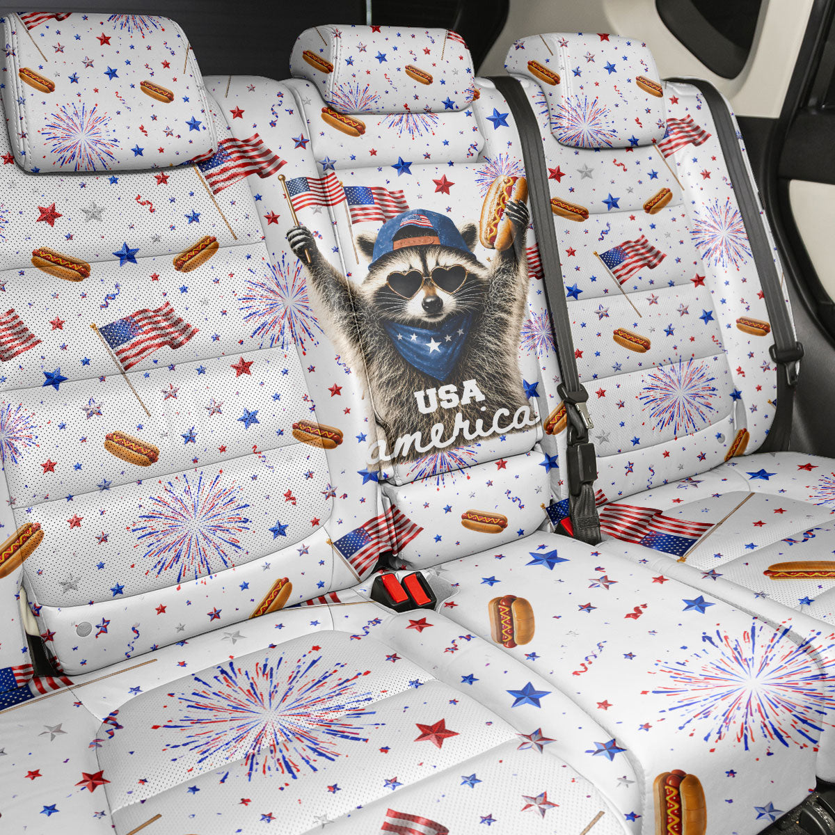 USA America Raccoon Hot Dog 250 Years Back Car Seat Cover 4th of July 1776-2026 Patriotic Fireworks