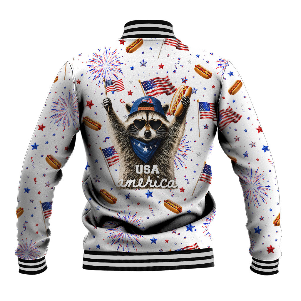 USA America Raccoon Hot Dog 250 Years Baseball Jacket 4th of July 1776-2026 Patriotic Fireworks