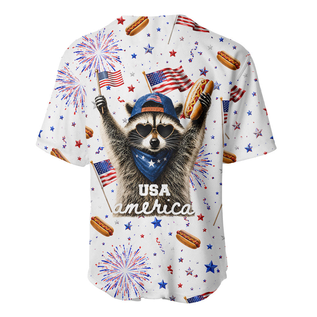 USA America Raccoon Hot Dog 250 Years Baseball Jersey 4th of July 1776-2026 Patriotic Fireworks