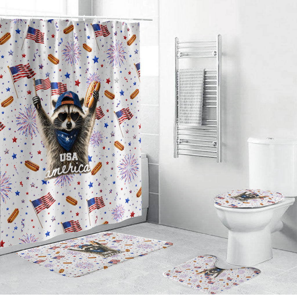 USA America Raccoon Hot Dog 250 Years Bathroom Set 4th of July 1776-2026 Patriotic Fireworks