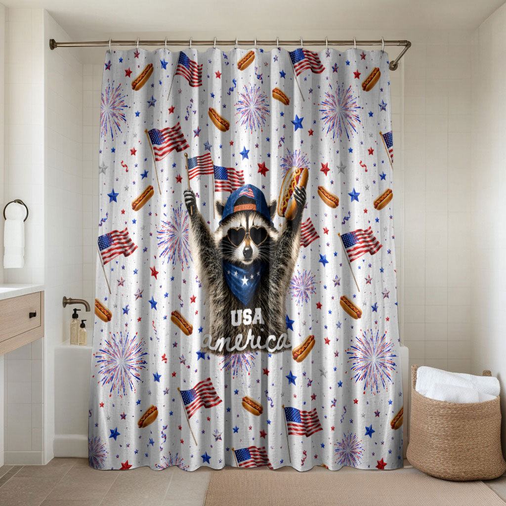 USA America Raccoon Hot Dog 250 Years Bathroom Set 4th of July 1776-2026 Patriotic Fireworks