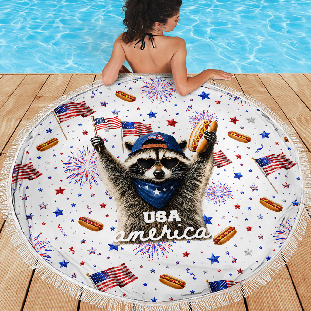 USA America Raccoon Hot Dog 250 Years Beach Blanket 4th of July 1776-2026 Patriotic Fireworks