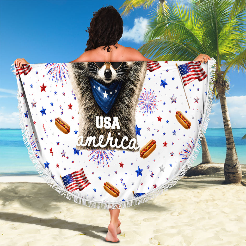 USA America Raccoon Hot Dog 250 Years Beach Blanket 4th of July 1776-2026 Patriotic Fireworks