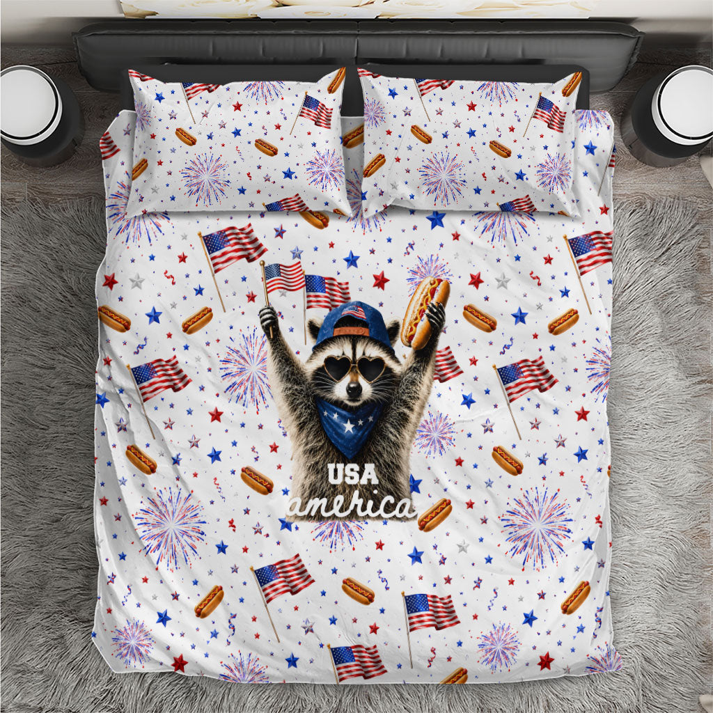 USA America Raccoon Hot Dog 250 Years Bedding Set 4th of July 1776-2026 Patriotic Fireworks