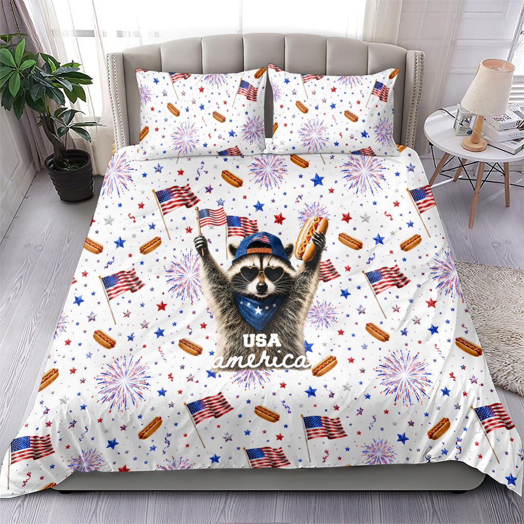 USA America Raccoon Hot Dog 250 Years Bedding Set 4th of July 1776-2026 Patriotic Fireworks