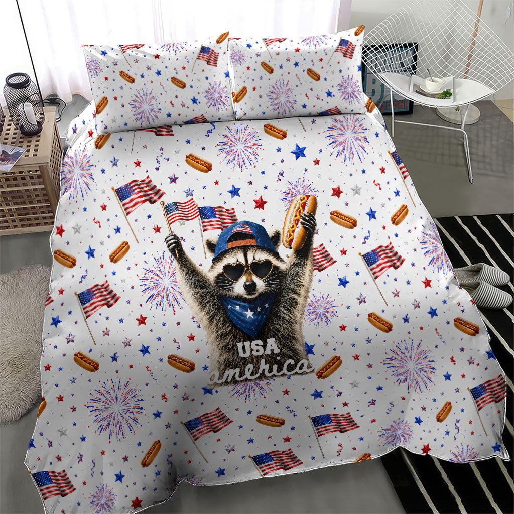 USA America Raccoon Hot Dog 250 Years Bedding Set 4th of July 1776-2026 Patriotic Fireworks