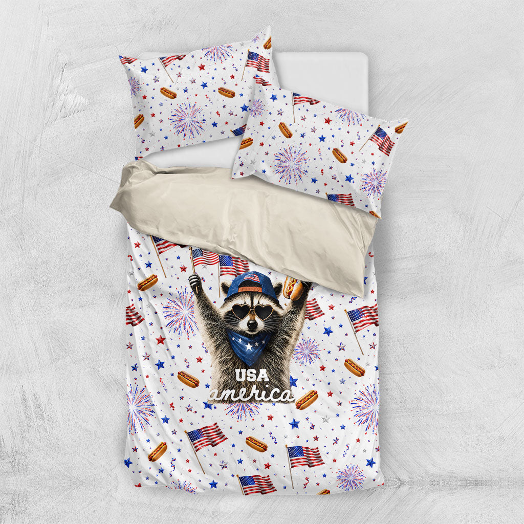 USA America Raccoon Hot Dog 250 Years Bedding Set 4th of July 1776-2026 Patriotic Fireworks
