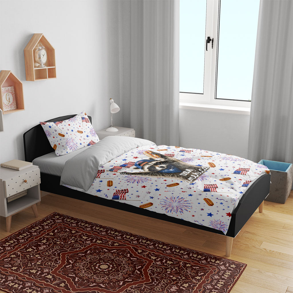 USA America Raccoon Hot Dog 250 Years Bedding Set 4th of July 1776-2026 Patriotic Fireworks