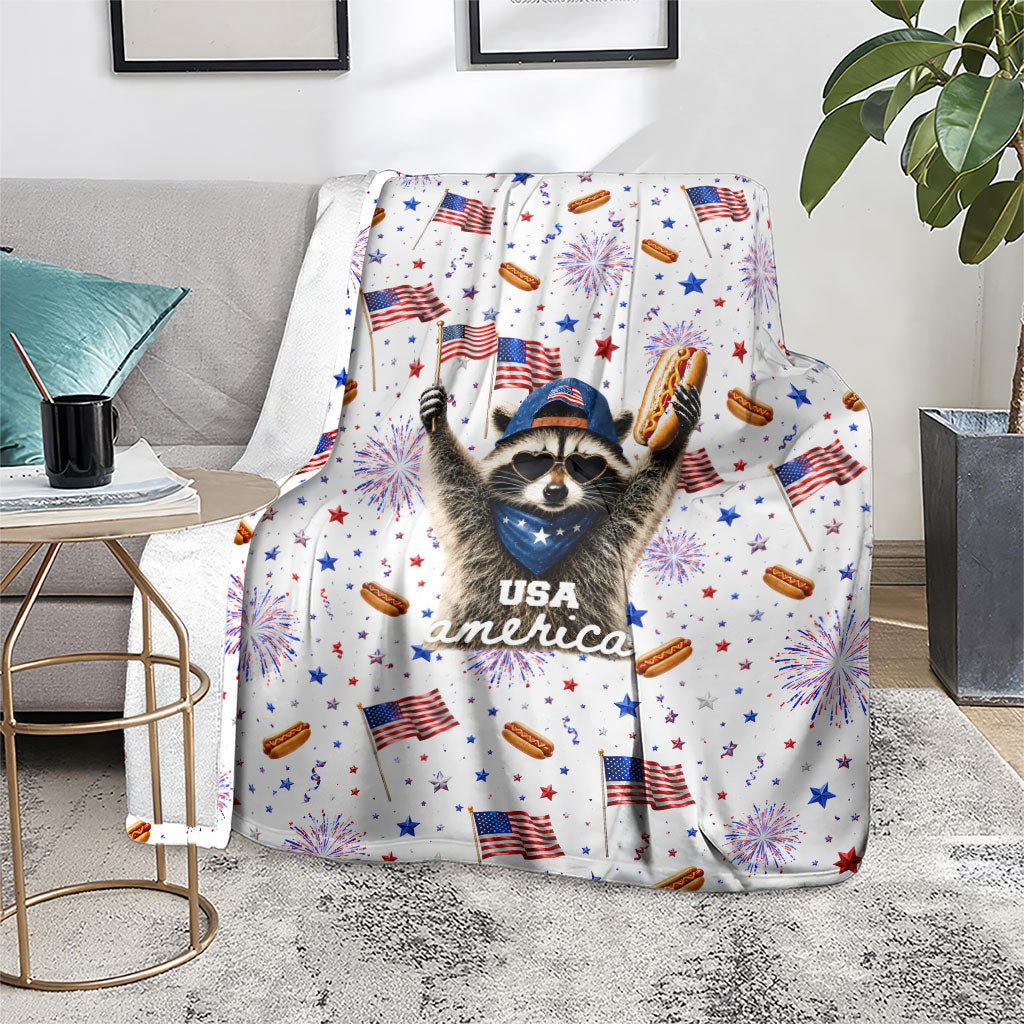 USA America Raccoon Hot Dog 250 Years Blanket 4th of July 1776-2026 Patriotic Fireworks