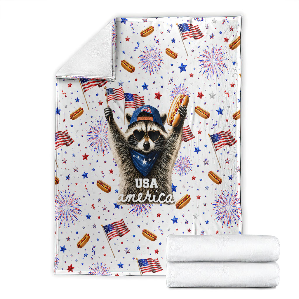 USA America Raccoon Hot Dog 250 Years Blanket 4th of July 1776-2026 Patriotic Fireworks