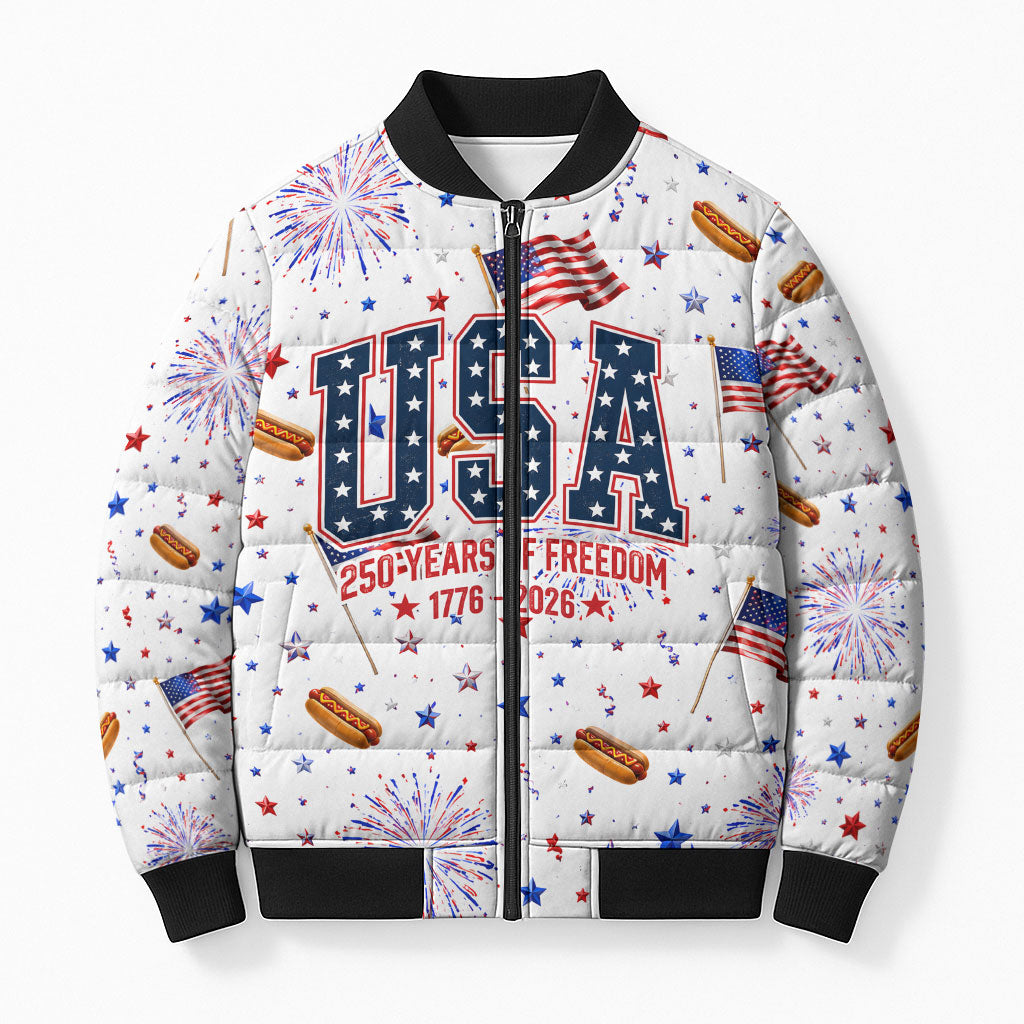 USA America Raccoon Hot Dog 250 Years Bomber Puffer Jacket 4th of July 1776-2026 Patriotic Fireworks