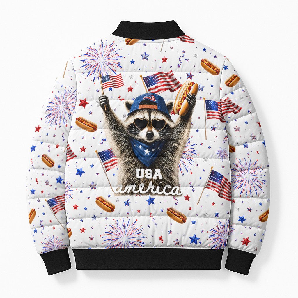 USA America Raccoon Hot Dog 250 Years Bomber Puffer Jacket 4th of July 1776-2026 Patriotic Fireworks