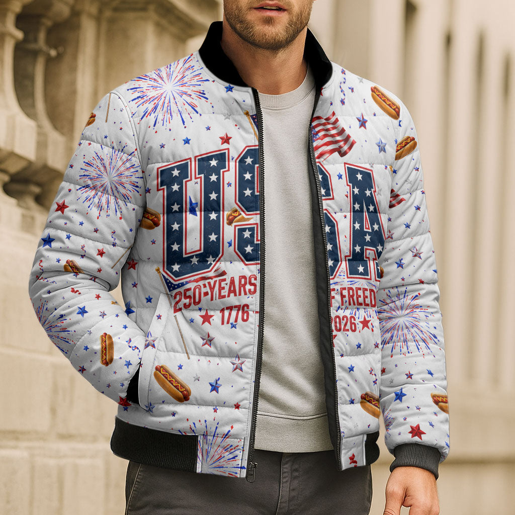 USA America Raccoon Hot Dog 250 Years Bomber Puffer Jacket 4th of July 1776-2026 Patriotic Fireworks