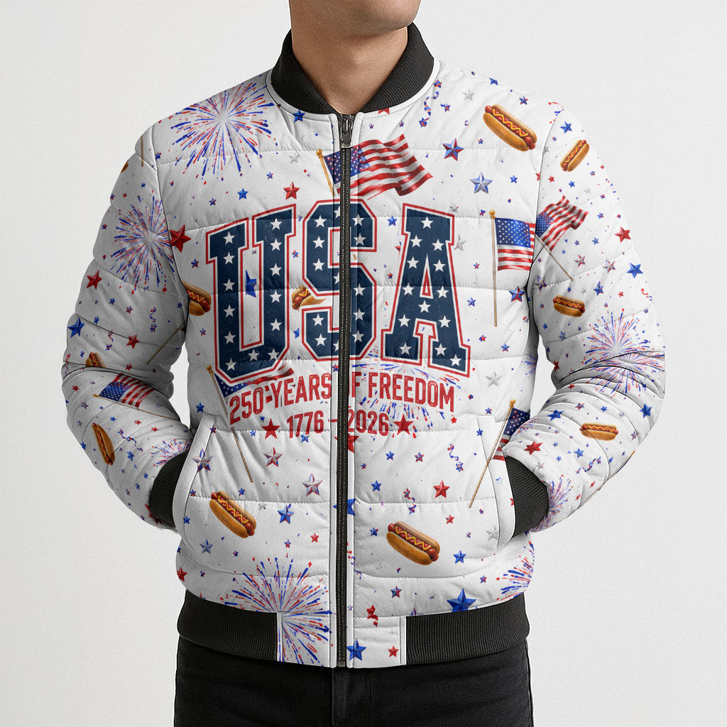USA America Raccoon Hot Dog 250 Years Bomber Puffer Jacket 4th of July 1776-2026 Patriotic Fireworks