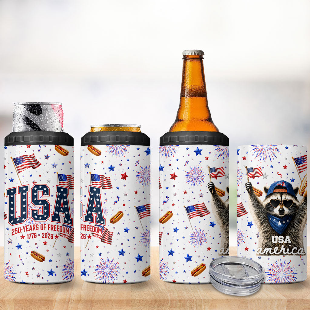 USA America Raccoon Hot Dog 250 Years 4 in 1 Can Cooler Tumbler 4th of July 1776-2026 Patriotic Fireworks