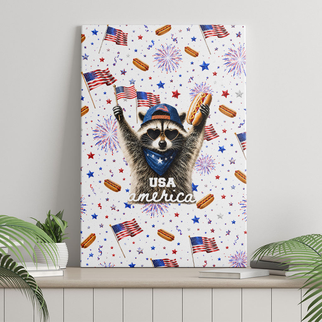 USA America Raccoon Hot Dog 250 Years Canvas Wall Art 4th of July 1776-2026 Patriotic Fireworks
