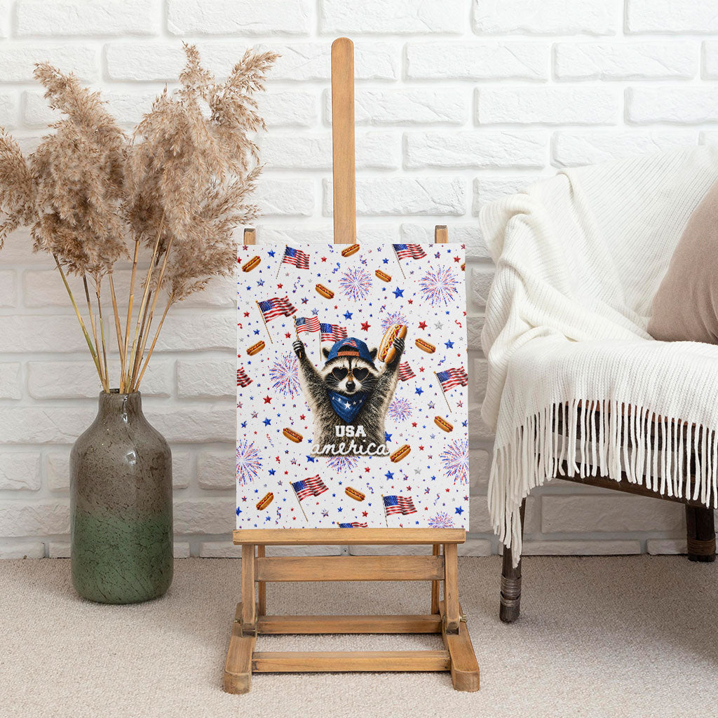 USA America Raccoon Hot Dog 250 Years Canvas Wall Art 4th of July 1776-2026 Patriotic Fireworks