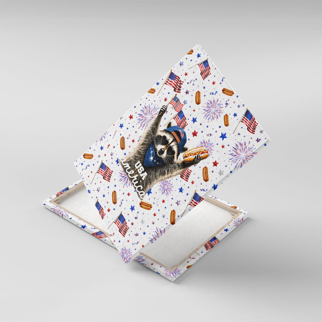 USA America Raccoon Hot Dog 250 Years Canvas Wall Art 4th of July 1776-2026 Patriotic Fireworks
