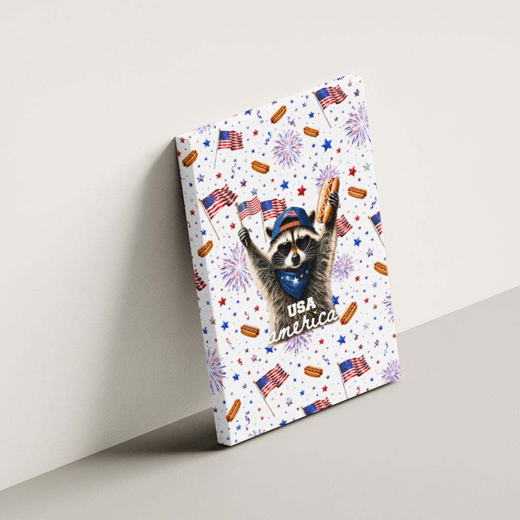 USA America Raccoon Hot Dog 250 Years Canvas Wall Art 4th of July 1776-2026 Patriotic Fireworks