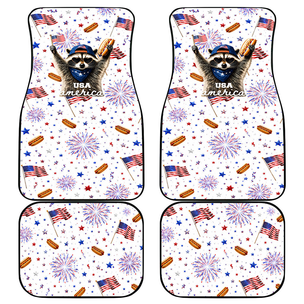 USA America Raccoon Hot Dog 250 Years Car Mats 4th of July 1776-2026 Patriotic Fireworks