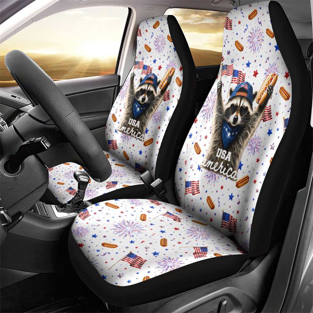 USA America Raccoon Hot Dog 250 Years Car Seat Cover 4th of July 1776-2026 Patriotic Fireworks
