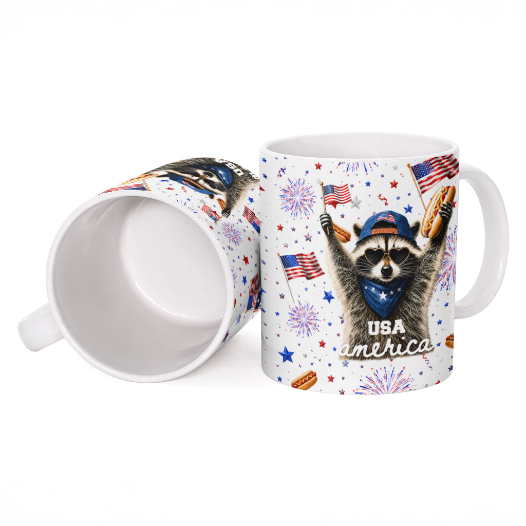 USA America Raccoon Hot Dog 250 Years Ceramic Mug 4th of July 1776-2026 Patriotic Fireworks