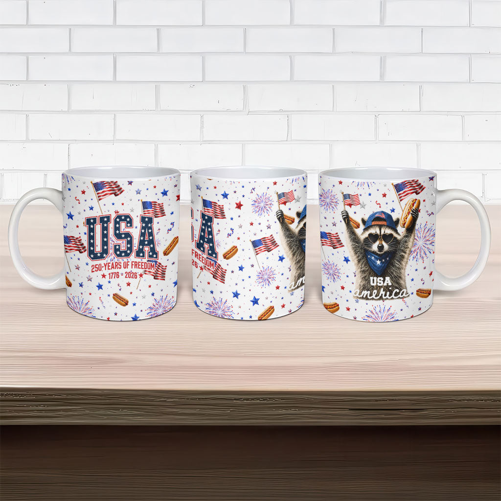 USA America Raccoon Hot Dog 250 Years Ceramic Mug 4th of July 1776-2026 Patriotic Fireworks