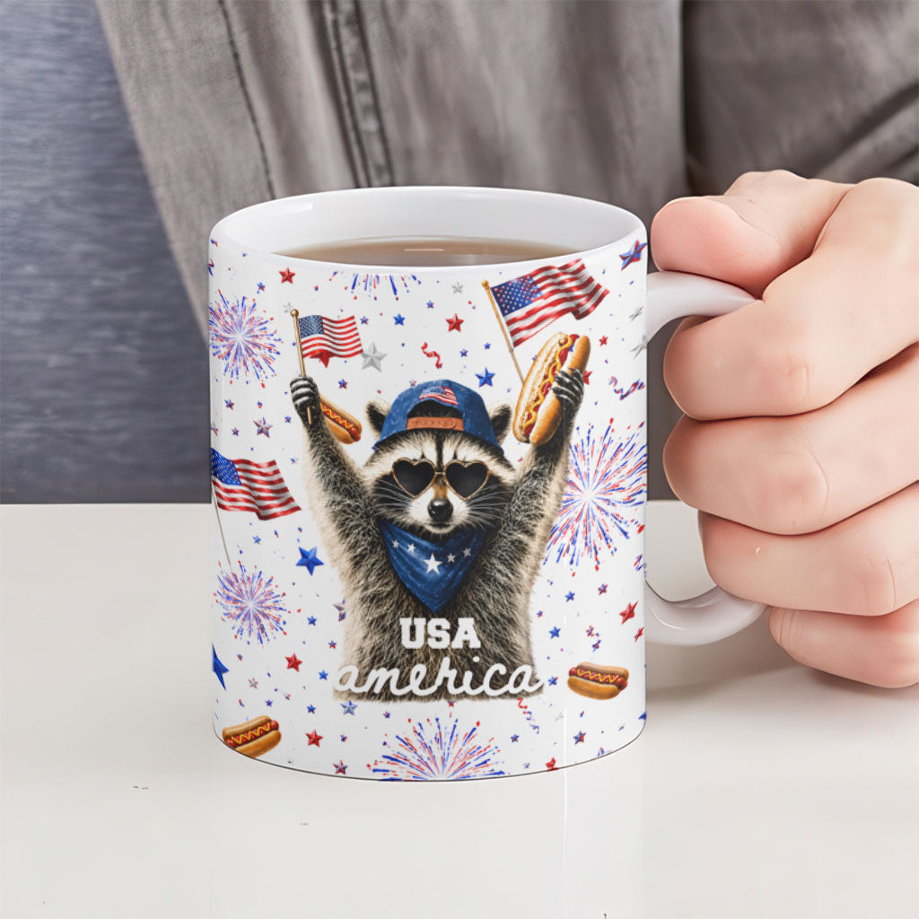 USA America Raccoon Hot Dog 250 Years Ceramic Mug 4th of July 1776-2026 Patriotic Fireworks