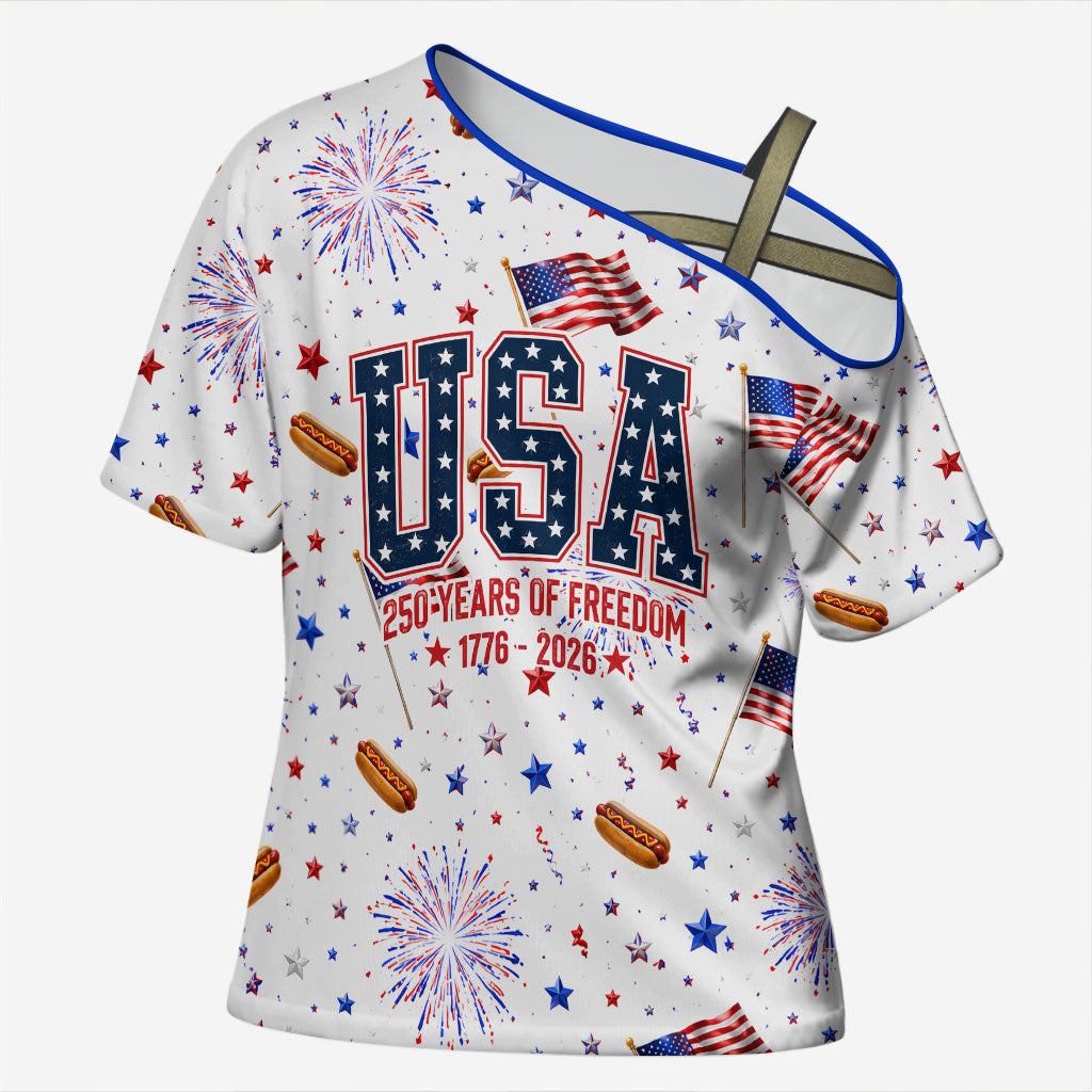 USA America Raccoon Hot Dog 250 Years Cross Shoulder Shirt 4th of July 1776-2026 Patriotic Fireworks