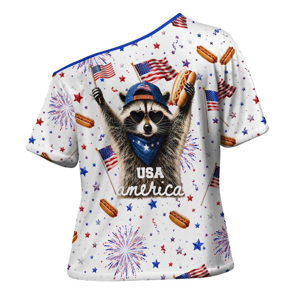 USA America Raccoon Hot Dog 250 Years Cross Shoulder Shirt 4th of July 1776-2026 Patriotic Fireworks
