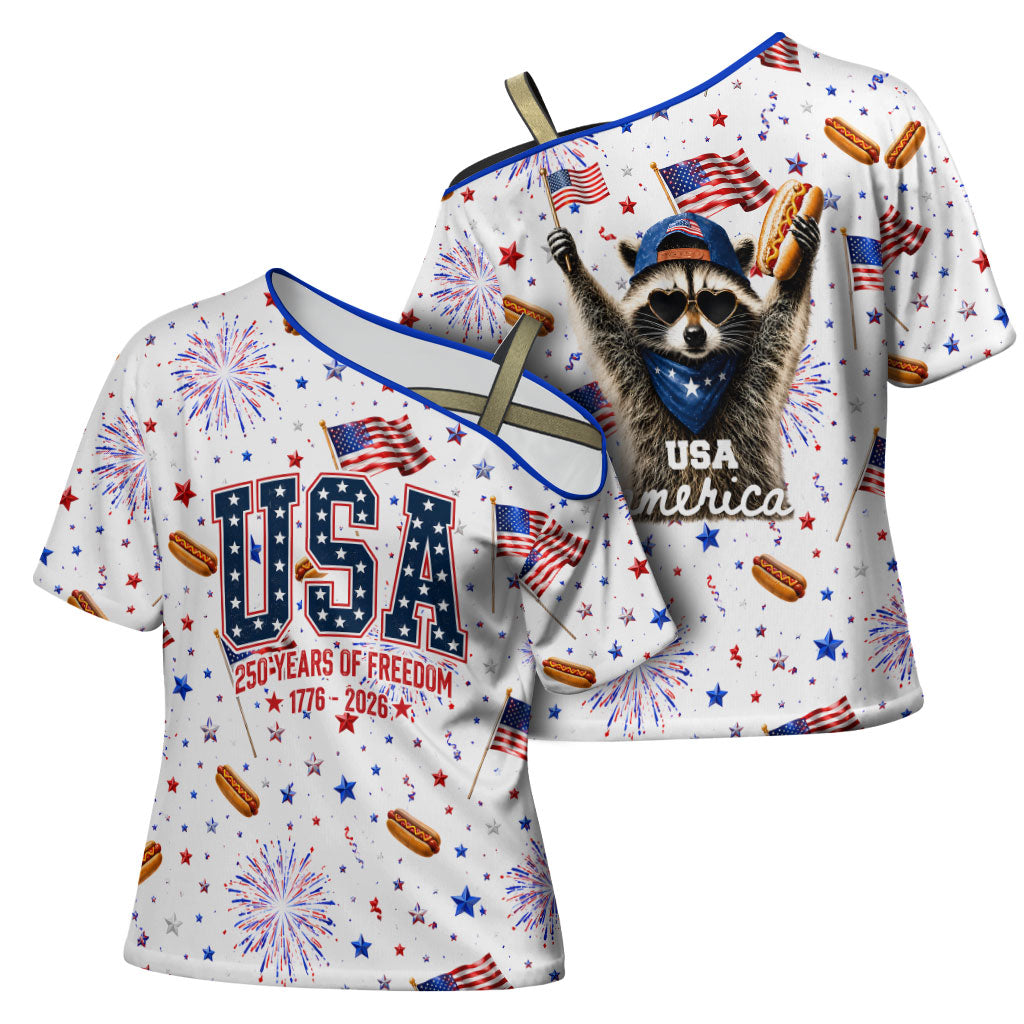 USA America Raccoon Hot Dog 250 Years Cross Shoulder Shirt 4th of July 1776-2026 Patriotic Fireworks