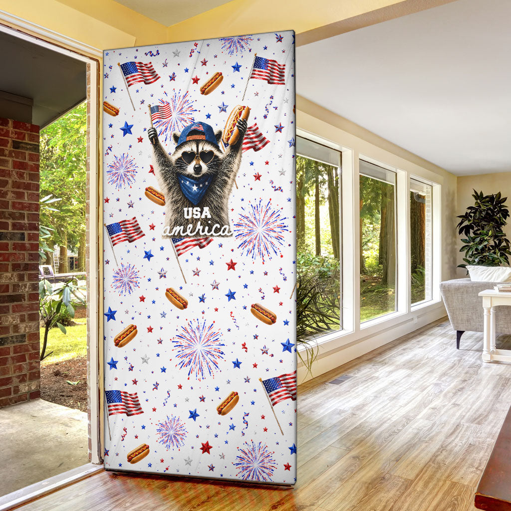 USA America Raccoon Hot Dog 250 Years Door Cover 4th of July 1776-2026 Patriotic Fireworks