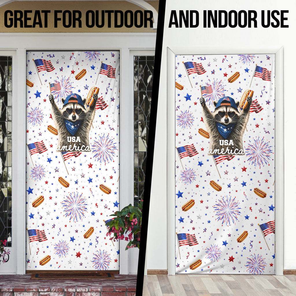 USA America Raccoon Hot Dog 250 Years Door Cover 4th of July 1776-2026 Patriotic Fireworks