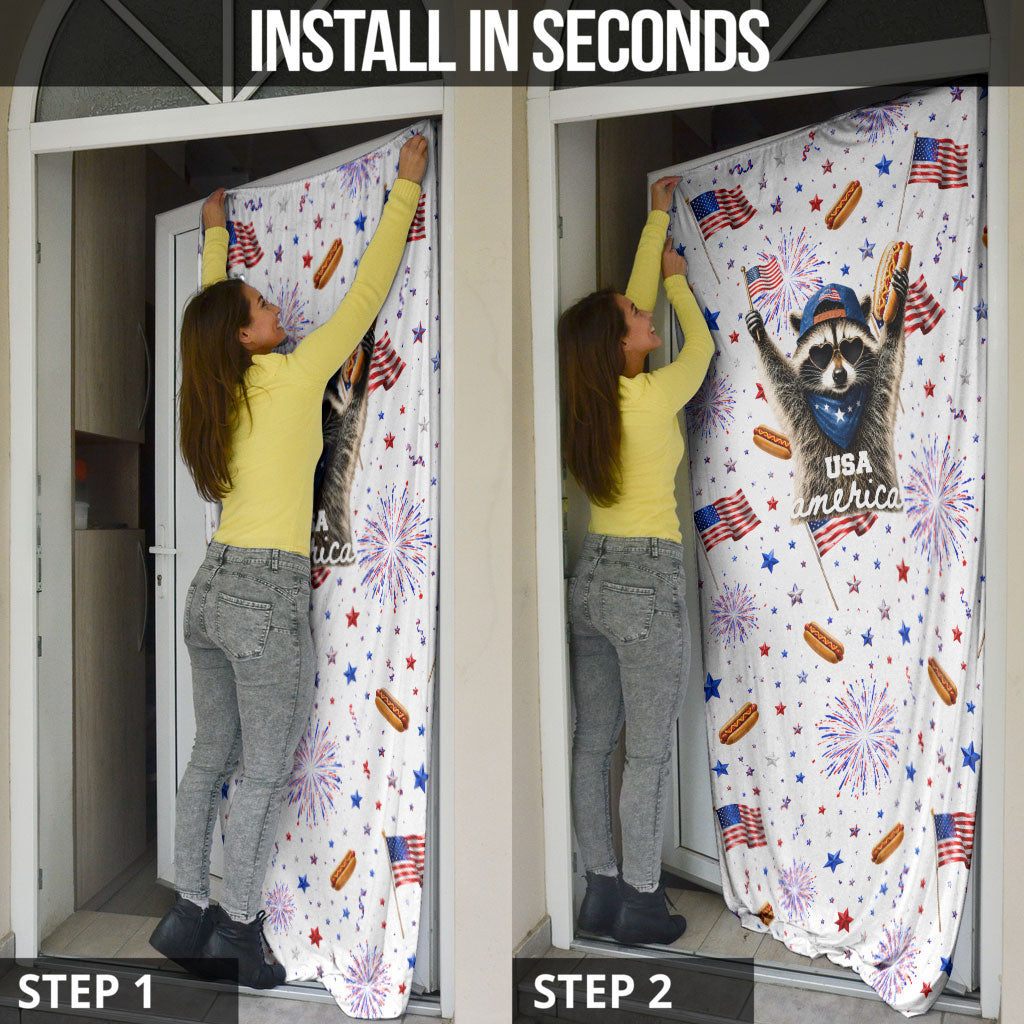 USA America Raccoon Hot Dog 250 Years Door Cover 4th of July 1776-2026 Patriotic Fireworks