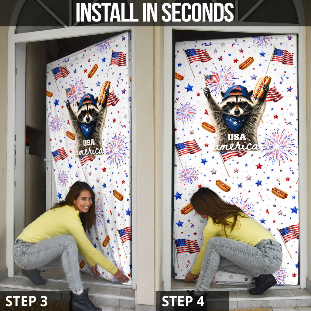 USA America Raccoon Hot Dog 250 Years Door Cover 4th of July 1776-2026 Patriotic Fireworks