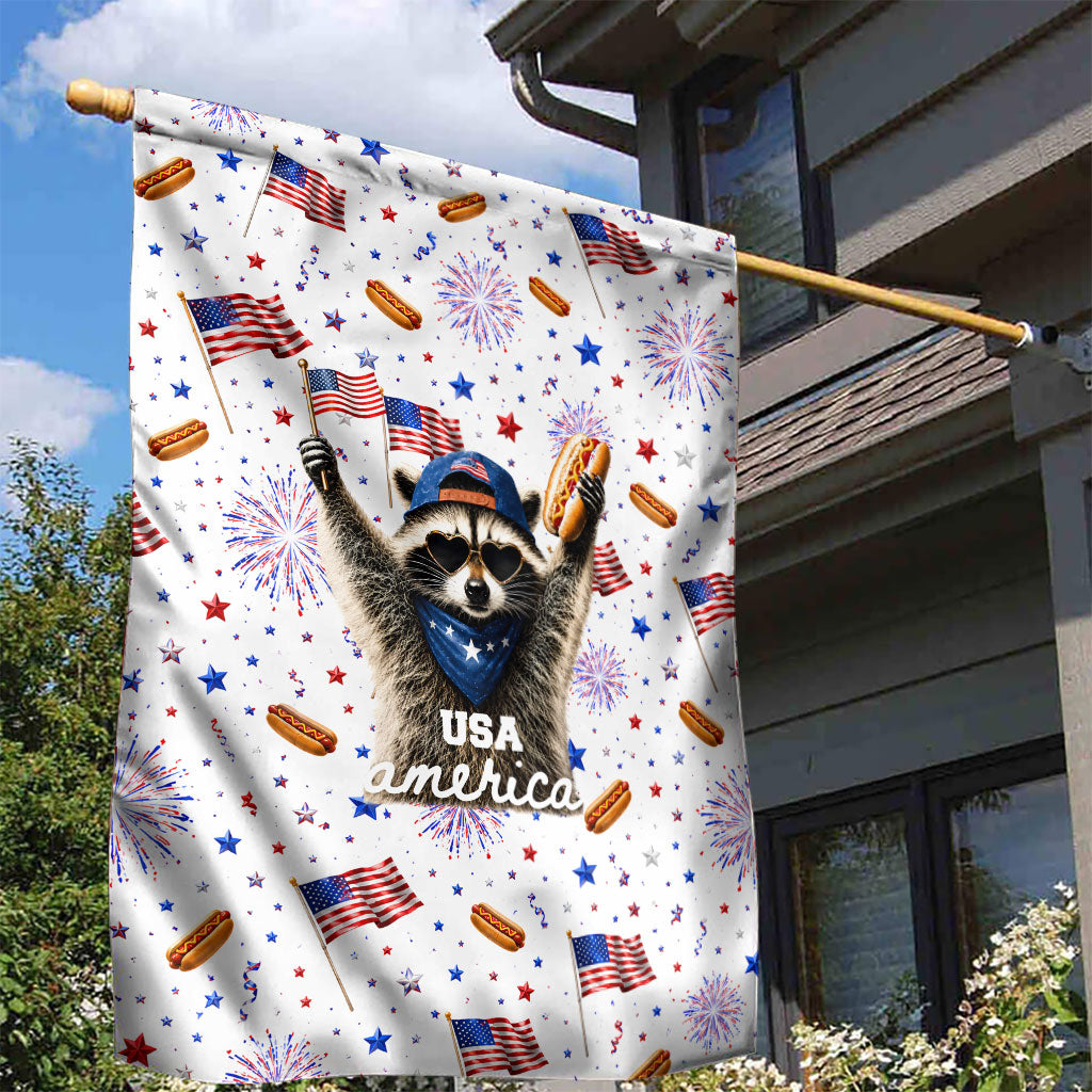 USA America Raccoon Hot Dog 250 Years Garden Flag 4th of July 1776-2026 Patriotic Fireworks
