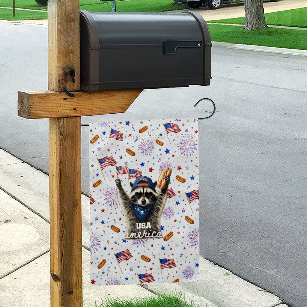 USA America Raccoon Hot Dog 250 Years Garden Flag 4th of July 1776-2026 Patriotic Fireworks