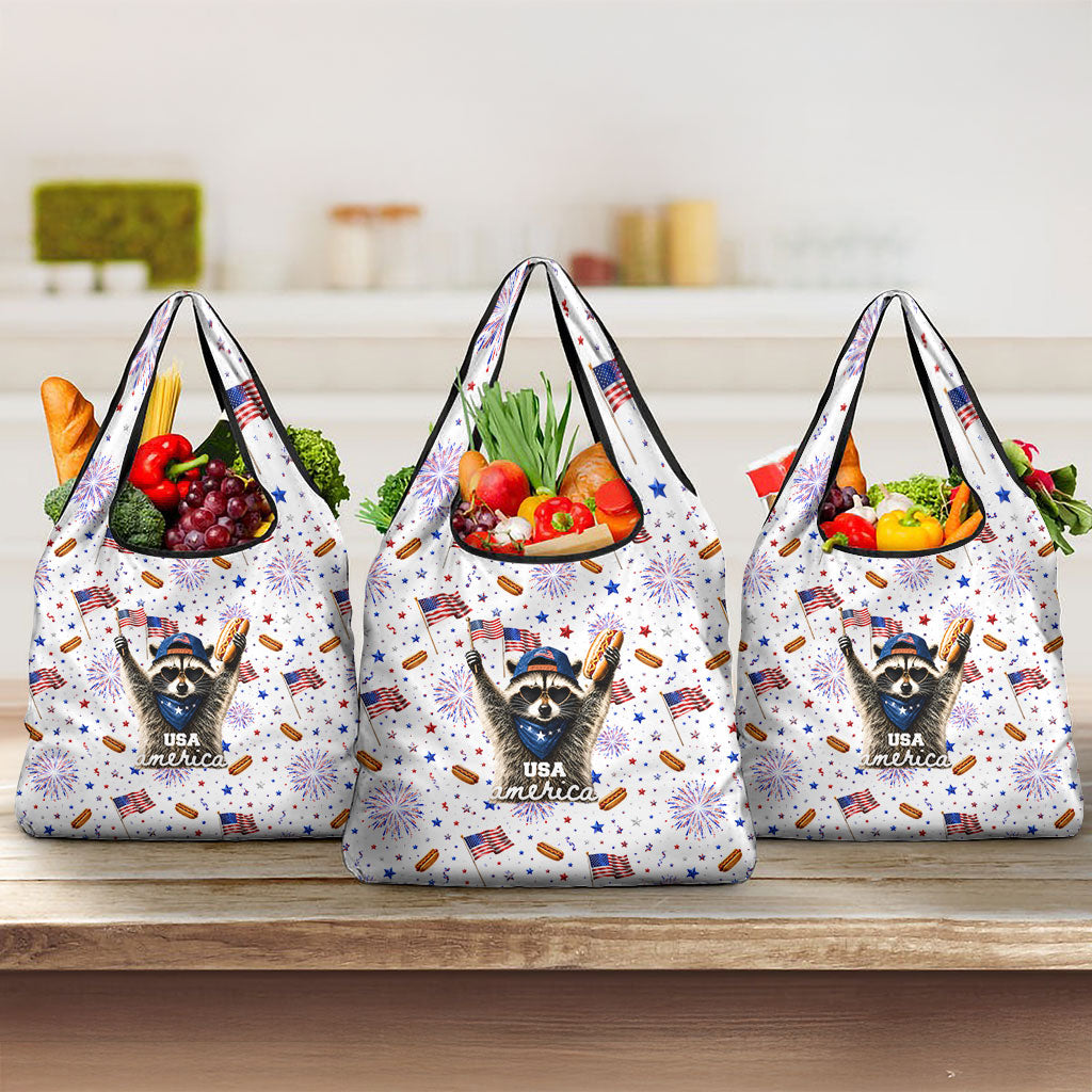 USA America Raccoon Hot Dog 250 Years Grocery Bag 4th of July 1776-2026 Patriotic Fireworks