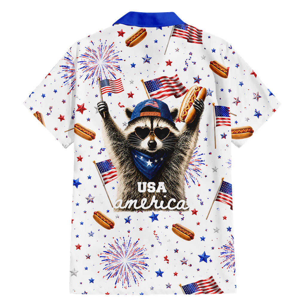 USA America Raccoon Hot Dog 250 Years Hawaiian Shirt 4th of July 1776-2026 Patriotic Fireworks