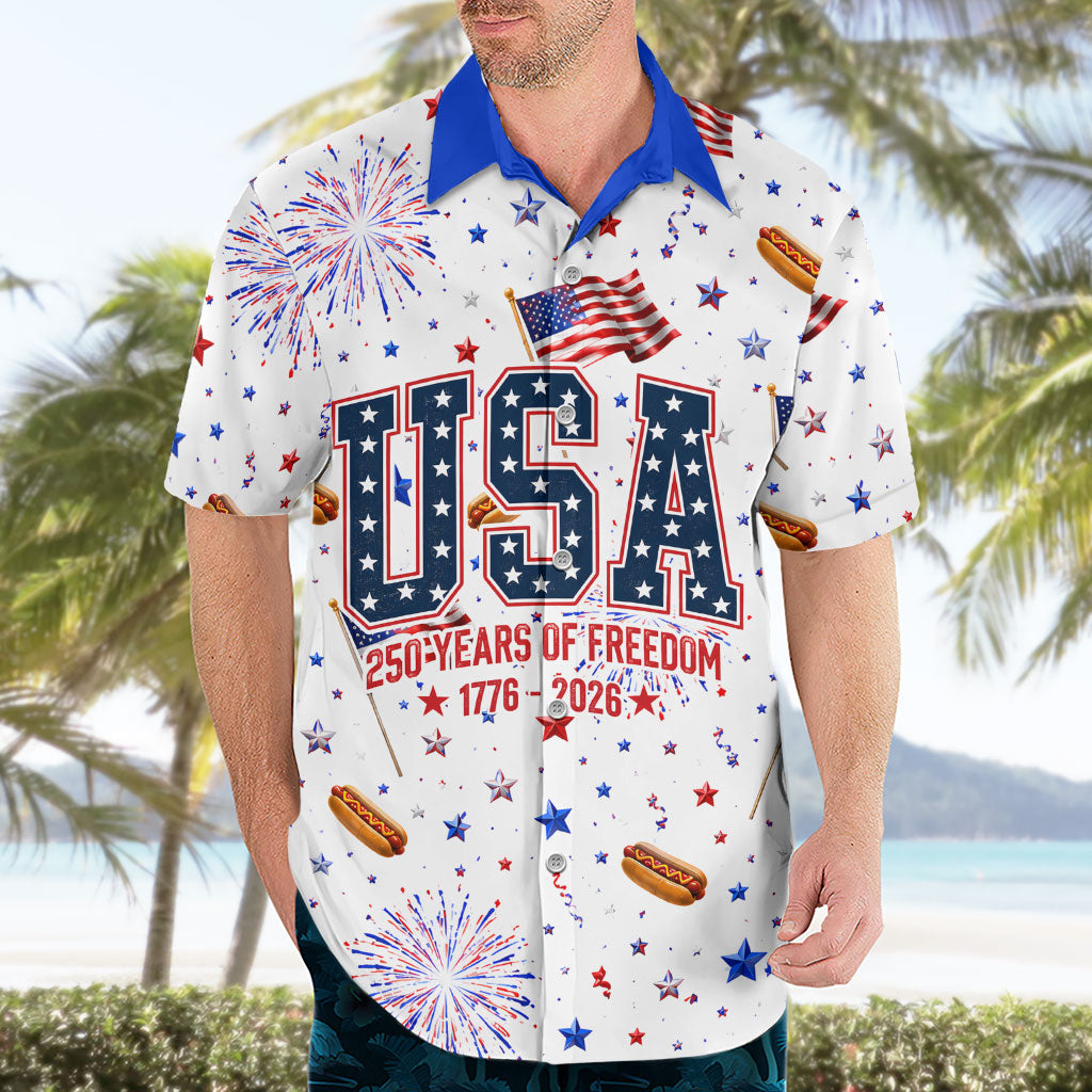 USA America Raccoon Hot Dog 250 Years Hawaiian Shirt 4th of July 1776-2026 Patriotic Fireworks