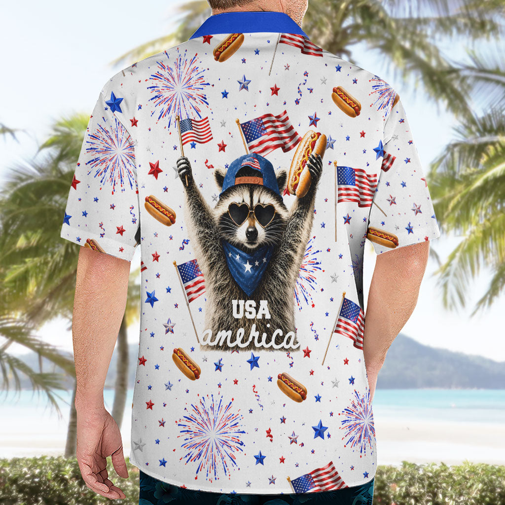 USA America Raccoon Hot Dog 250 Years Hawaiian Shirt 4th of July 1776-2026 Patriotic Fireworks