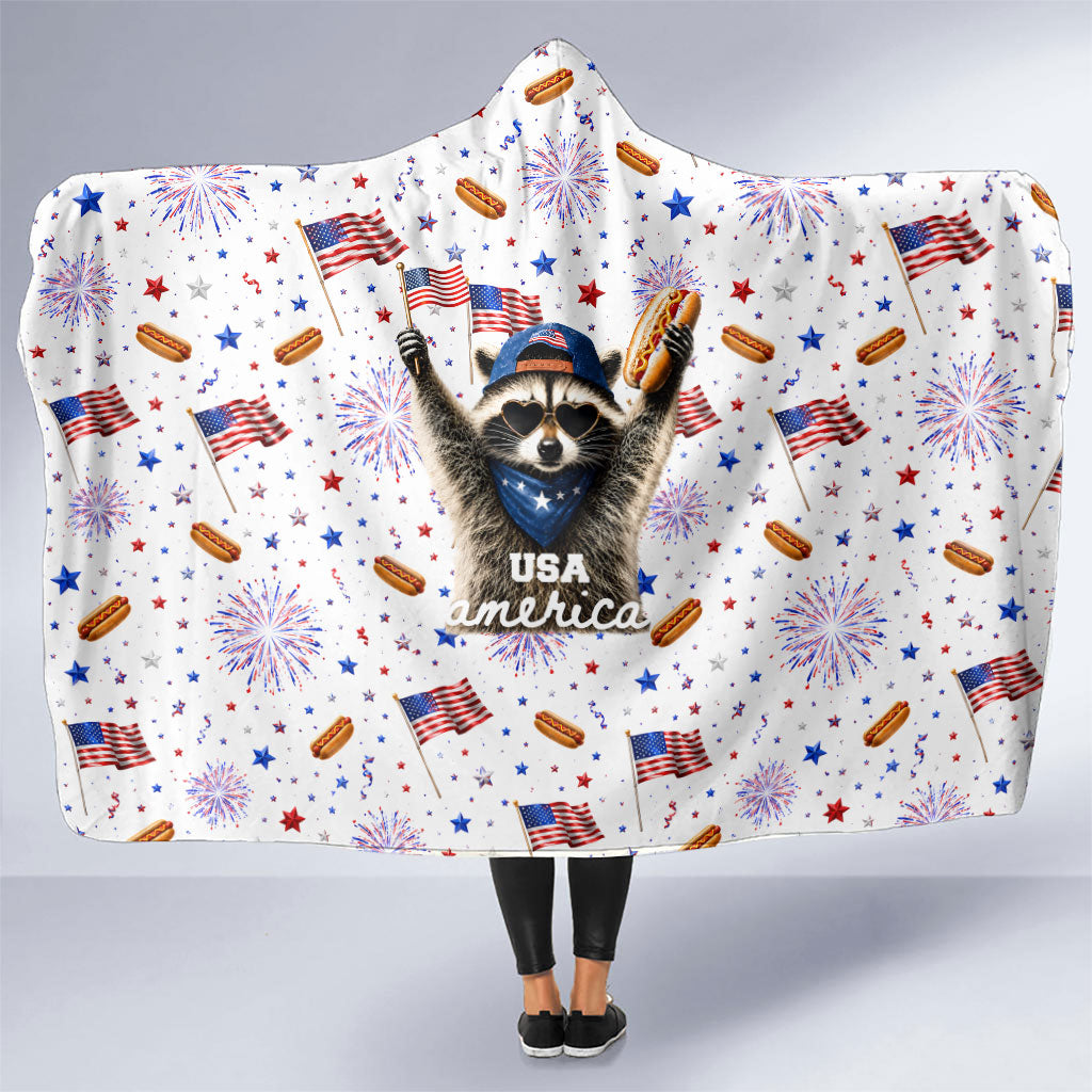 USA America Raccoon Hot Dog 250 Years Hooded Blanket 4th of July 1776-2026 Patriotic Fireworks