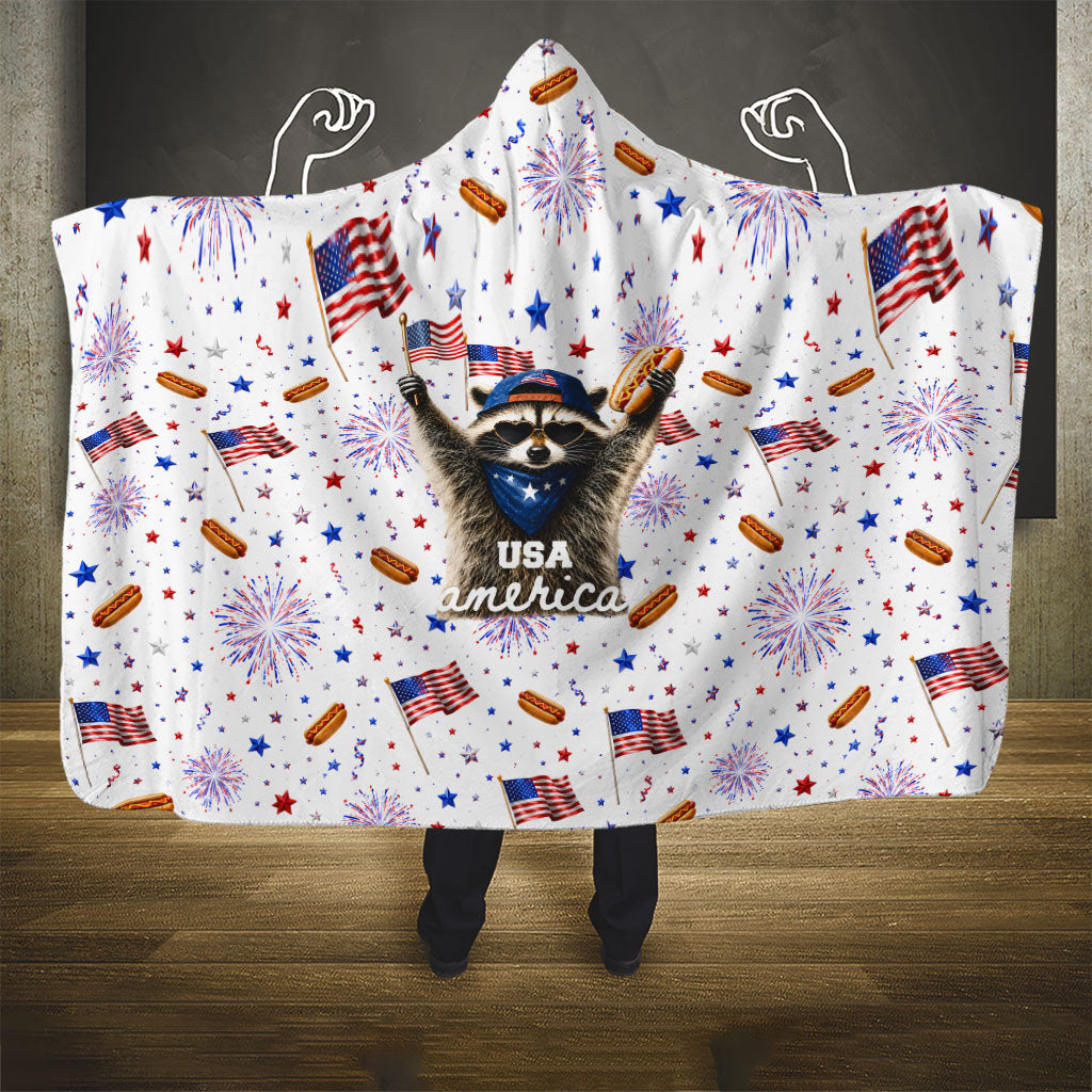 USA America Raccoon Hot Dog 250 Years Hooded Blanket 4th of July 1776-2026 Patriotic Fireworks