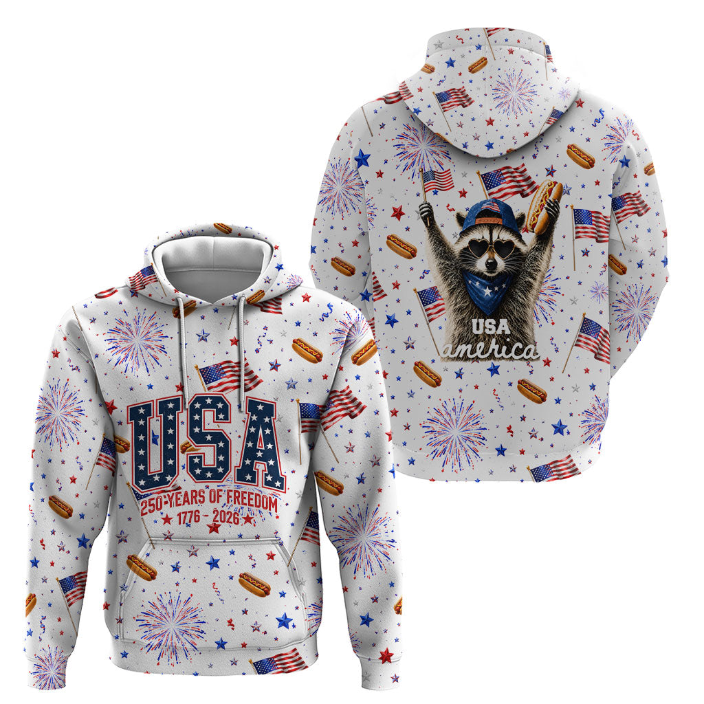 USA America Raccoon Hot Dog 250 Years Hoodie 4th of July 1776-2026 Patriotic Fireworks