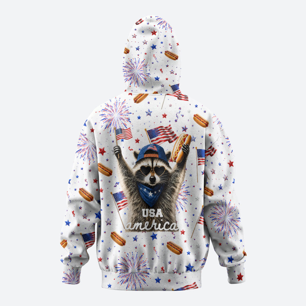 USA America Raccoon Hot Dog 250 Years Hoodie 4th of July 1776-2026 Patriotic Fireworks