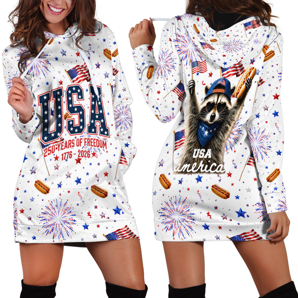 USA America Raccoon Hot Dog 250 Years Hoodie Dress 4th of July 1776-2026 Patriotic Fireworks