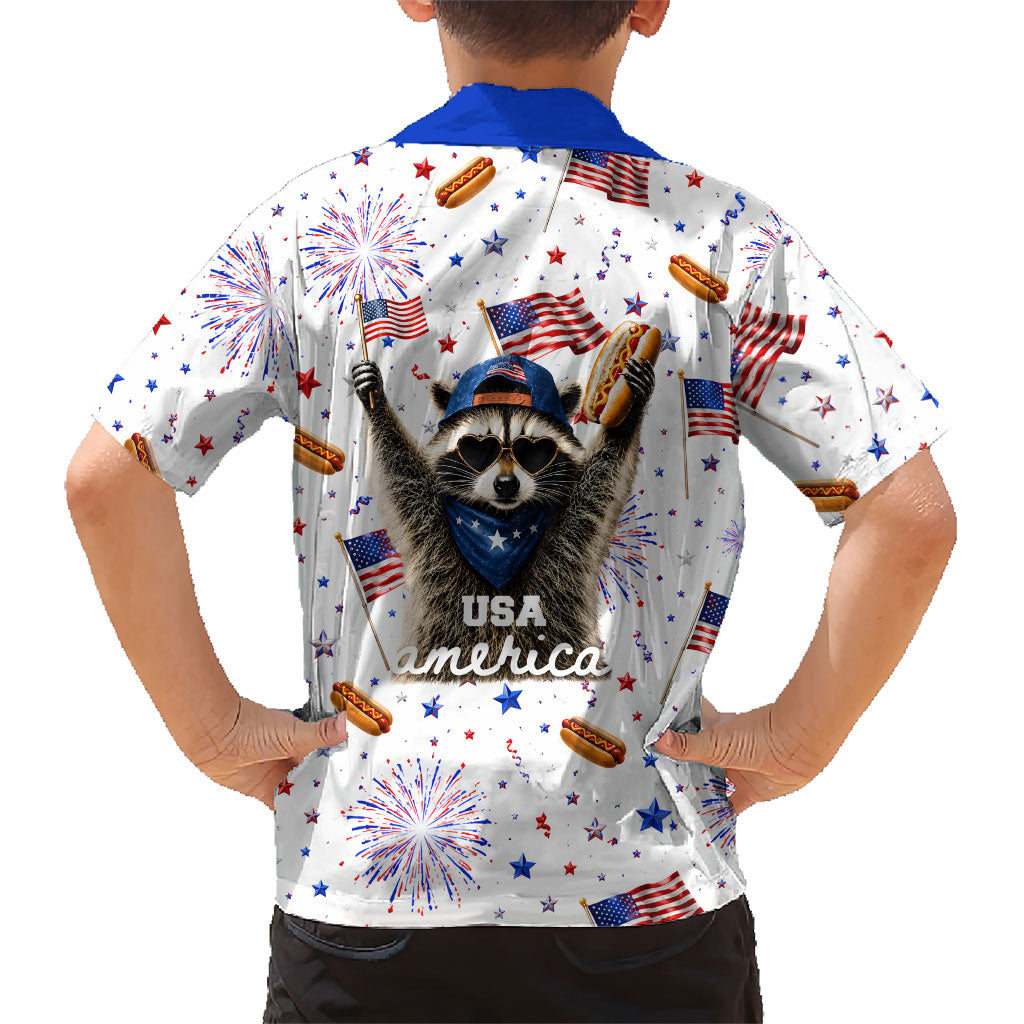 USA America Raccoon Hot Dog 250 Years Kid Hawaiian Shirt 4th of July 1776-2026 Patriotic Fireworks